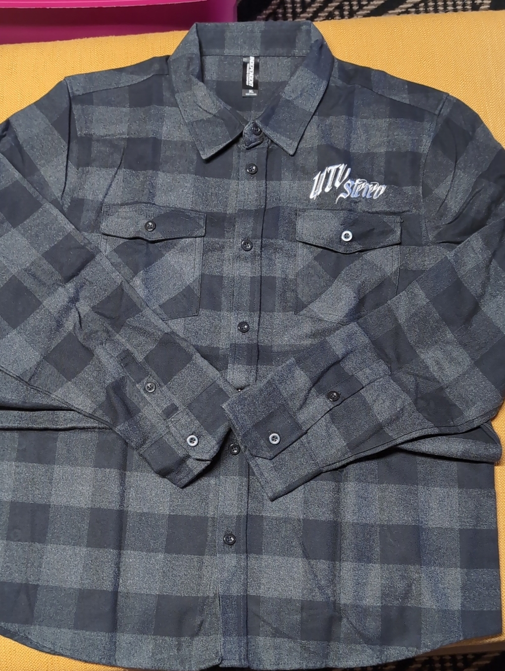 Gray & Black Buffalo Check Plaid Button-Up Shirt with Chest Embroidery